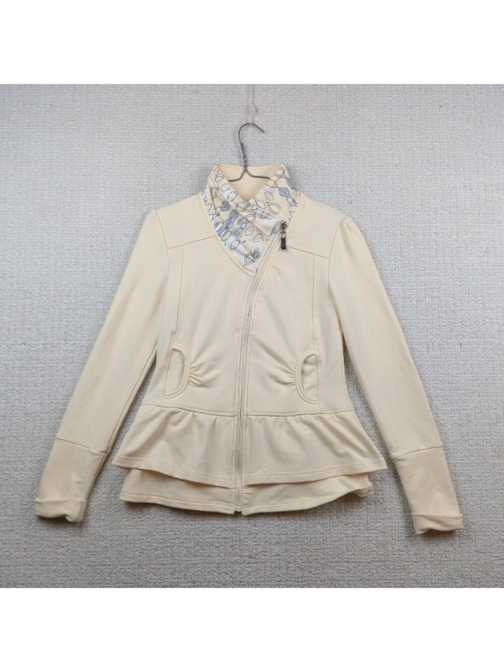 Cirque Du Soleil Ruffle Peplum Asymmetrical Full Zip Jacket Cream Ruched Boho S
